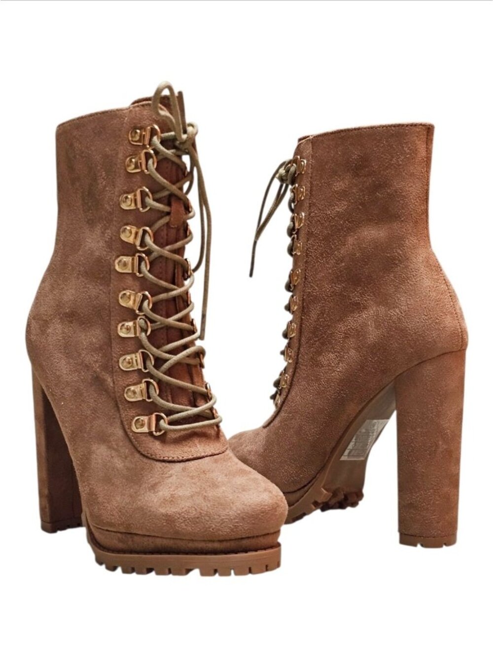 Faux Suede Lace-Up High Heel Platform Boots Taupe Womens Size 6.5 - Picture 13 of 15
